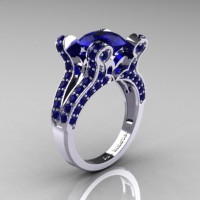 French Vintage 14K White Gold 3.0 CT Blue Sapphire Pisces Wedding Ring Engagement Ring Y228-14KWGBS