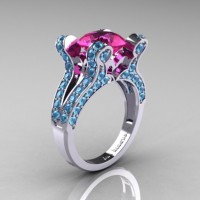 French Vintage 14K White Gold 3.0 CT Pink Sapphire Blue Topaz Pisces Wedding Ring Engagement Ring Y228-14KWGBTPS