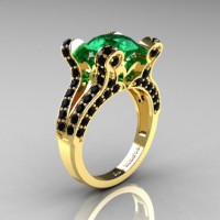 French Vintage 14K Yellow Gold 3.0 CT Emerald Black Diamond Pisces Wedding Ring Engagement Ring Y228-14KYGBDEM