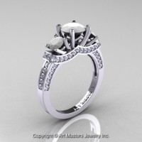 French 14K White Gold Three Stone White Agate Diamond Engagement Ring R182-14KWGDWA