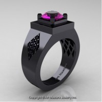 Mens Modern Classic 14K Black Gold 2.0 Ct Amethyst Black Diamond Designer Wedding Ring R338M-14KBGBDAM
