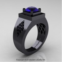 Mens Modern Classic 14K Black Gold 2.0 Ct Blue Sapphire Black Diamond Designer Wedding Ring R338M-14KBGBDBS