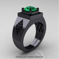 Mens Modern Classic 14K Black Gold 2.0 Ct Emerald Black Diamond Designer Wedding Ring R338M-14KBGBDEM