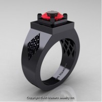 Mens Modern Classic 14K Black Gold 2.0 Ct Ruby Black Diamond Designer Wedding Ring R338M-14KBGBDR