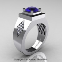 Mens Modern Classic 14K White Gold 2.0 Ct Blue Sapphire Diamond Designer Wedding Ring R338M-14KWGDBS