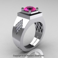 Mens Modern Classic 14K White Gold 2.0 Ct Pink Sapphire Diamond Designer Wedding Ring R338M-14KWGDPS