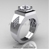 Mens Modern Classic 14K White Gold 2.0 Ct White Sapphire Diamond Designer Wedding Ring R338M-14KWGDWS