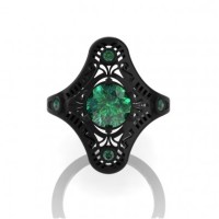 Mexican Art Deco 14K Black Gold 1.0 Ct Emerald Engagement Ring Wedding Ring R351-14KBGEM
