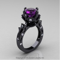Modern Antique 14K Black Gold 3.0 Ct Amethyst Diamond Solitaire Engagement Ring Wedding Ring R214-14KBGDAM