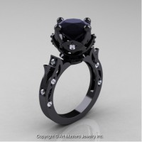 Modern Antique 14K Black Gold 3.0 Ct Black Moissanite Diamond Solitaire Engagement Ring Wedding Ring R214-14KBGDBM