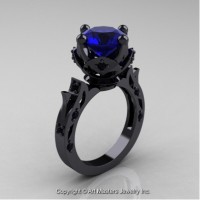 Modern Antique 14K Black Gold 3.0 Ct Blue Sapphire Black Diamond Solitaire Engagement Ring Wedding Ring R214-14KBGBDBS