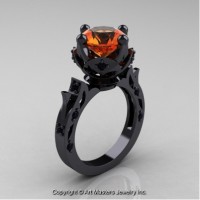 Modern Antique 14K Black Gold 3.0 Ct Orange Sapphire Black Diamond Solitaire Engagement Ring Wedding Ring R214-14KBGBDOS