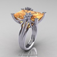 Modern Bridal 14K White Gold Radiant Cut 15.0 Ct Peach Sapphire Diamond Fantasy Cocktail Ring R292-14KWGDPES
