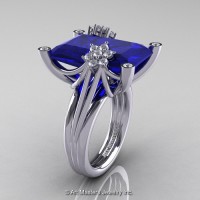 Modern Bridal 14K White Gold Radiant Cut 15.0 Ct Blue Sapphire Diamond Fantasy Cocktail Ring R292-14KWGDBS