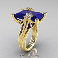 Modern Bridal 14K Yellow Gold Radiant Cut 15.0 Ct Blue Sapphire Diamond Fantasy Cocktail Ring R292-14KYGDBS