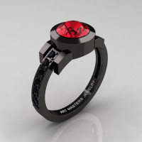 Modern Classic 14K Black Gold 1.0 Carat Ruby Black Diamond Engagement Ring R501-14KBGBDR