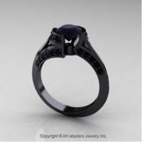 Exclusive French 14K Black Gold 1.0 Ct Black Diamond Engagement Ring Wedding Ring R376-14KBGBD