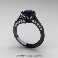 Exclusive French 14K Black Gold 1.0 Ct Black and White Diamond Engagement Ring Wedding Ring R376-14KBGDBD