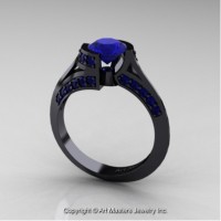 Exclusive French 14K Black Gold 1.0 Ct Blue Sapphire Engagement Ring Wedding Ring R376-14KBGBS