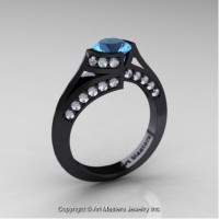 Exclusive French 14K Black Gold 1.0 Ct Blue Topaz Diamond Engagement Ring Wedding Ring R376-14KBGDBT