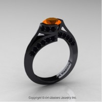 Exclusive French 14K Black Gold 1.0 Ct Orange Sapphire Black Diamond Engagement Ring Wedding Ring R376-14KBGBDOS