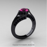 Exclusive French 14K Black Gold 1.0 Ct Pink Sapphire Black Diamond Engagement Ring Wedding Ring R376-14KBGBDPS
