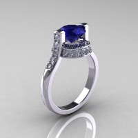 Modern Italian 14K White Gold 1.5 CT Blue Sapphire Diamond Engagement Ring AR119-14KWGDBS