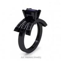 Victorian Inspired 14K Black Gold 1.0 Ct Emerald Cut Black Diamond Wedding Ring Engagement Ring R344-14KBGBD
