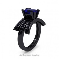 Victorian Inspired 14K Black Gold 1.0 Ct Emerald Cut Blue Sapphire Black Diamond Wedding Ring Engagement Ring R344-14KBGBDBS
