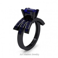 Victorian Inspired 14K Black Gold 1.0 Ct Emerald Cut Blue Sapphire Wedding Ring Engagement Ring R344-14KBGBS