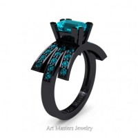 Victorian Inspired 14K Black Gold 1.0 Ct Emerald Cut Blue Zircon Wedding Ring Engagement Ring R344-14KBGBZ
