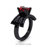 Victorian Inspired 14K Black Gold 1.0 Ct Emerald Cut Ruby Black Diamond Wedding Ring Engagement Ring R344-14KBGBDR