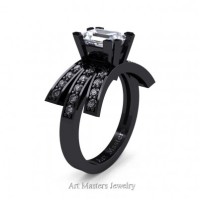 Victorian Inspired 14K Black Gold 1.0 Ct Emerald Cut White Sapphire Diamond Wedding Ring Engagement Ring R344-14KBGDWS