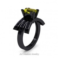 Victorian Inspired 14K Black Gold 1.0 Ct Emerald Cut Yellow Sapphire Black Diamond Wedding Ring Engagement Ring R344-14KBGBDYS