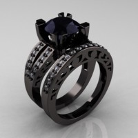 Modern Vintage 14K Black Gold 3.0 Ct Black Moissanite Diamond Solitaire Ring Wedding Band Set R102S-14KBGDBMO