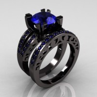 Modern Vintage 14K Black Gold 3.0 Carat Blue Sapphire Solitaire and Wedding Ring Bridal Set R102S-14KBGBS