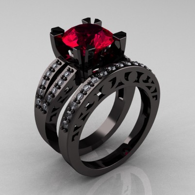 1.85 ct Round & Princess Cut Created Red Garnet 14K Black Gold Over Sterling Silver Interchangeable Wedding Ring Set