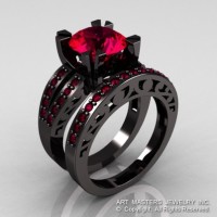 Modern Vintage 14K Black Gold 3.0 Carat Ruby Solitaire and Wedding Ring Bridal Set R102S-14KBGR