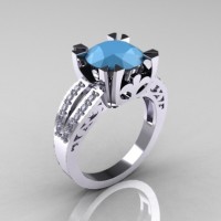 Modern Vintage 14K White Gold 3.0 Ct Sleeping Beauty Turquoise Diamond Solitaire Ring R102-14KWGSBT