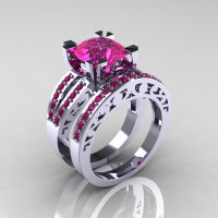 Modern Vintage 14K White Gold 3.0 Carat Pink Sapphire Solitaire and Wedding Ring Set R102S-14KWGPS