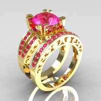 Modern Vintage 14K Yellow Gold 3.0 Carat Pink Sapphire Solitaire and Wedding Ring Set R102S-14KYGPS