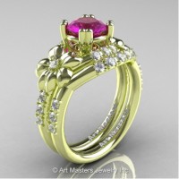 Nature Inspired 14K Green Gold 1.0 Ct Amethyst Diamond Leaf and Vine Engagement Ring Wedding Band Set R245S-14KGRGDAM