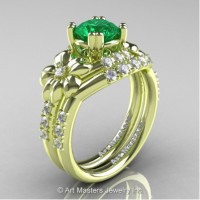 Nature Inspired 14K Green Gold 1.0 Ct Emerald Diamond Leaf and Vine Engagement Ring Wedding Band Set R245S-14KGRGDEM