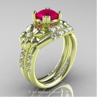 Nature Inspired 14K Green Gold 1.0 Ct Rose Ruby Diamond Leaf and Vine Engagement Ring Wedding Band Set R245S-14KGRGDRR