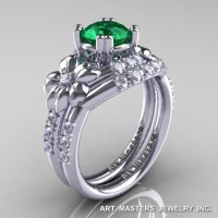 Nature Inspired 14K White Gold 1.0 Ct Emerald Diamond Leaf and Vine Engagement Ring Wedding Band Set R245S-14KWGDEM