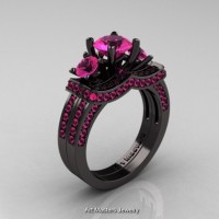 French 14K Black Gold Three Stone Pink Sapphire Engagement Ring Wedding Band Bridal Set R182S-14KBGPS