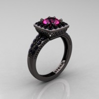 Renaissance Classic 14K Black Gold 1.0 Carat Pink Sapphire Black Diamond Engagement Ring R220-14KBGBDPS