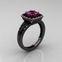 Renaissance Classic 14K Black Gold 1.23 CT Princess Pink Sapphire Black Diamond Engagement Ring R220P-14KBGBDPS