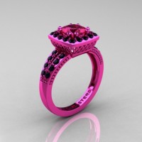 Renaissance Classic 14K Pink Gold 1.23 CT Princess Pink Sapphire Black Diamond Engagement Ring R220P-14KPGBDPS