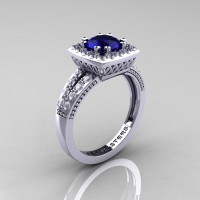 Renaissance Classic 14K White Gold 1.0 Carat Blue Sapphire Diamond Engagement Ring R220-14KWGDBS